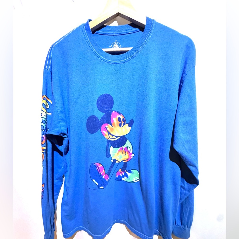 Disney Parks Blue and Multi Colored Tie Dye Mickey Mouse Long Sleeve Shirt Large